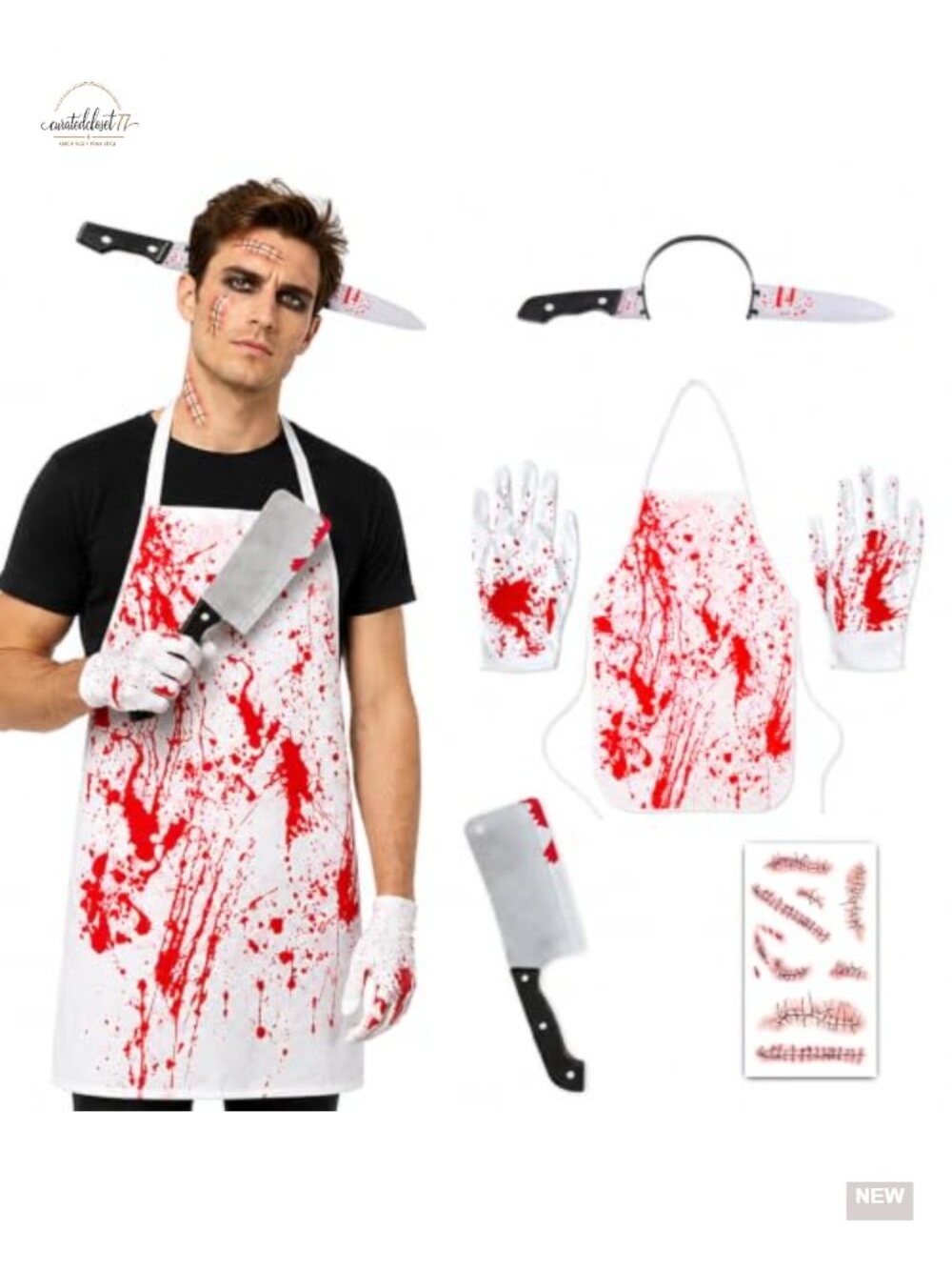 Halloween Butcher Costume Set 5 PCS Plastic Apron Gloves Party Cosplay